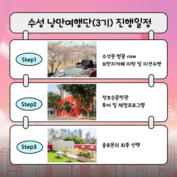 [대구=뉴시스] 대구 수성문화재단은 미팅 프로그램 '수성 낭만여행단(3기) 벚꽃로맨스' 참가자를 모집한다. (그래픽 = 대구 수성구 제공) 2025.03.18. photo@newsis.com *재판매 및 DB 금지