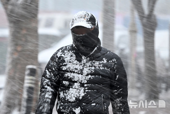 [광주=뉴시스] 김혜인 기자 = 절기상 춘분을 이틀 앞두고 광주지역에 눈이 내린 18일 오전 광주 남구 진월동 한 공원에서 시민이 눈을 맞으며 걸어가고 있다. 2025.03.18. hyein0342@newsis.com