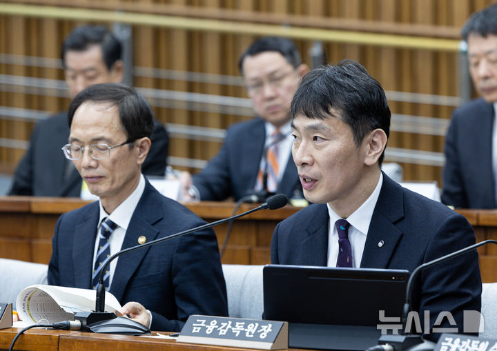 [서울=뉴시스] 국회사진기자단 = 이복현 금융감독원장이 오전 서울 여의도 국회 정무위원회에서 열린 홈플러스·MBK 파트너스 및 삼부토건 관련 긴급 현안질의에서 의원 질의에 답변하고 있다. 2025.03.18. photo@newsis.com