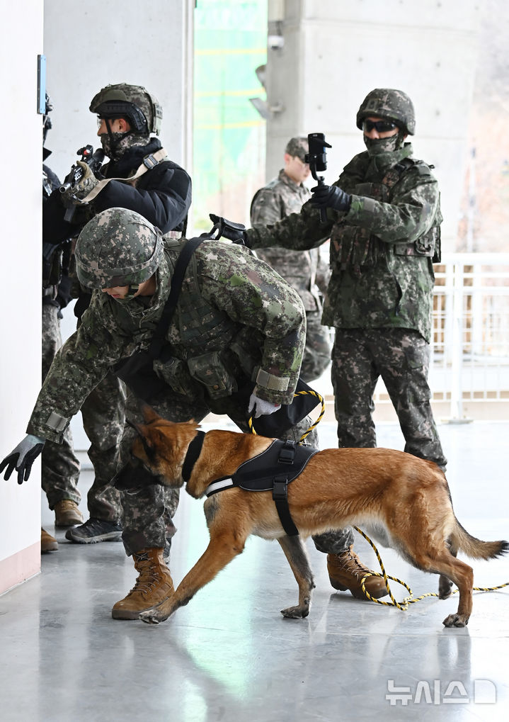 [수원=뉴시스] 김종택 기자 = 18일 경기도 수원월드컵경기장에서 수도군단 예하 700 특공연대와 51사단 장병들이 국지도발 상황을 가정한 '도시지역 탐색격멸작전'을 실시하고 있다. 2025.03.18. jtk@newsis.com