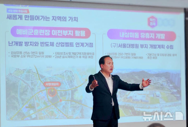 [오산=뉴시스] 이권재 시장이 2025년 백년동행 소통한마당에서 주요 시정운영 방안에 대해 발표하고 있다. (사진=오산시 제공) 2025.03.19.photo@newsis.com