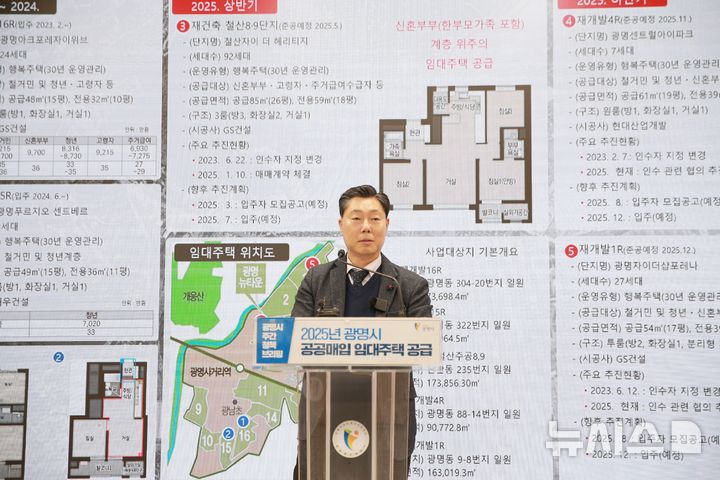 [광명=뉴시스]김원곤 광명시 도시주택국장이 20일 오전 시청 중회의실에서 열린 정책브리핑에서 '청년, 신혼부부 중점 공공매입 임대주택 공급'에 대해 설명하고 있다.(사진=광명시 제공)2025.03.20.photo@newsis.com