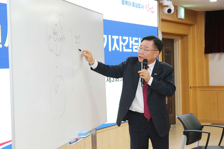 [창원=뉴시스] 강경국 기자 = 홍남표 경남 창원시장이 채무불이행(디폴트) 상태에 빠진 액화수소 플랜트 운영사 하이창원㈜ 사태 등과 관련해 19일 기자간담회를 갖고 있다. (사진=창원시청 제공). 2025.03.19. photo@newsis.com *재판매 및 DB 금지