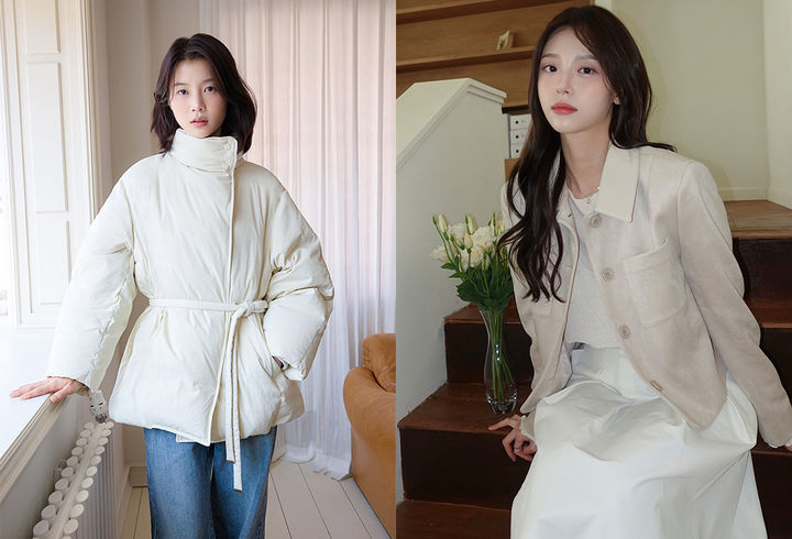 올리브데올리브 하이넥 벨티드 구스다운 점퍼(왼쪽), 카라 배색 스웨이드 크롭 자켓 (사진=올리브데올리브 제공) *재판매 및 DB 금지