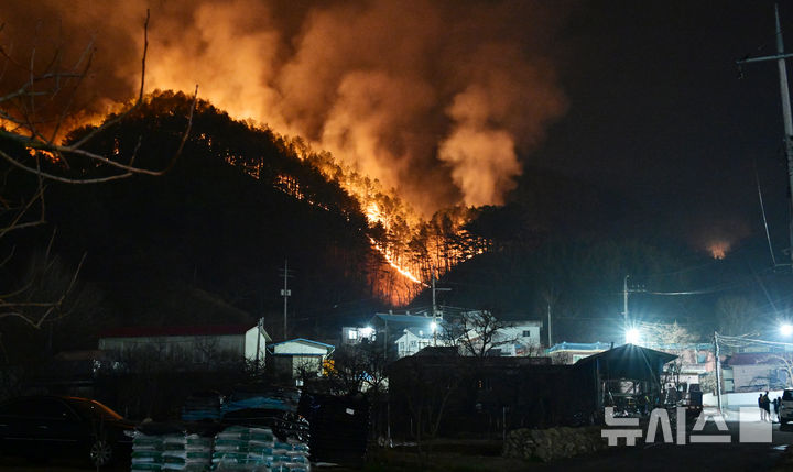 [산청=뉴시스] 차용현 기자 = 22일 오후 10시34분 전날 경남 산청에서 발생한 산불이 산등성이를 타고 주택가로 확산되고 있다. 2025.03.22. con@newsis.com