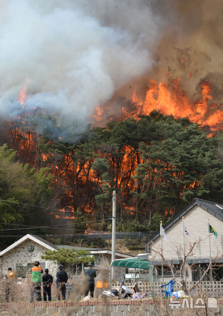 [울산=뉴시스] 배병수 기자 = 25일 오후 울산시 울주군 언양읍 화장산 일원에서 원인 미상의 화재가 발생해 불꽃과 연기가 올라오고 있다. 2025.03.25.bbs@newsis.com.