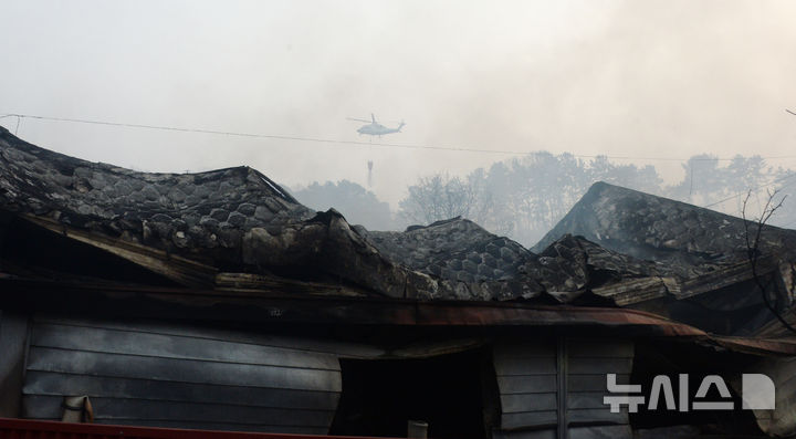 [정읍=뉴시스] 김얼 기자 = 25일 전북 정읍시 소성면에서 발생한 산불이 인근 마을까지 번지자 헬기로 화재를 진압하고 있다. 2025.03.25. pmkeul@newsis.com