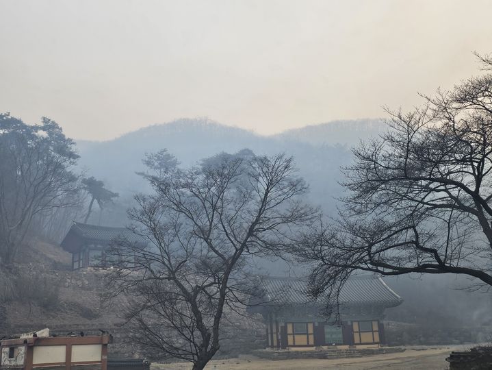 [의성=뉴시스] 의성산불에서 살아 남은 고운사 삼성각(왼쪽)과 명부전. 2025.03.26. (사진=독자 제공) photo@newsis.com *재판매 및 DB 금지