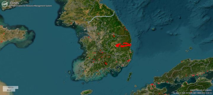 [서울=뉴시스] 미국 항공우주국(NASA)이 공개한 화재 현황 자료. 실시간으로 확인이 가능하다. (출처=NASA FIRMS) 2025.03.27. photo@newsis.com *재판매 및 DB 금지