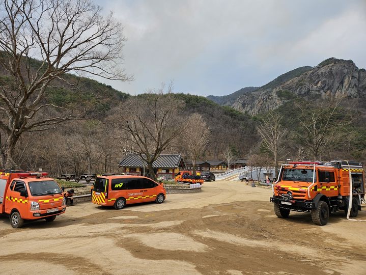 [청송=뉴시스] 산불로 부터 대전사를 보호하고 있는 소방당국 june@newsis.com *재판매 및 DB 금지