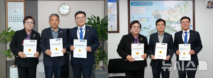 [전주=뉴시스] 문승우 전북특별자치도의장과 박정희 도의원이 27일 국회를 방문해 윤준병 의원(왼쪽)과 신영대 의원(오른쪽)에게 군산항 준설 현안을 건의했다. 2025.03.27 *재판매 및 DB 금지