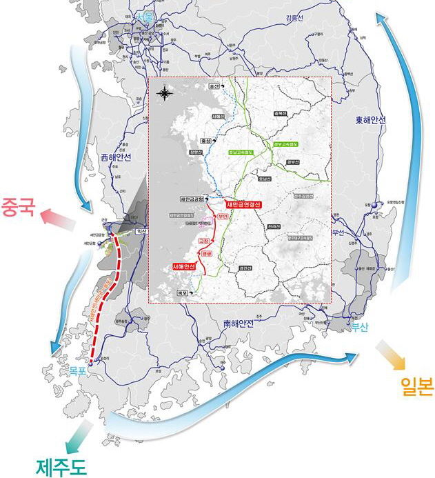 군산시, 부안군, 고창군, 영광군, 함평군 등 전남·북 5개 시·군이 정부의 '제5차 국가철도망 구축계획'에 반영을 요구하고 있는 서해안철도 노선도. (그래픽=뉴시스DB) *재판매 및 DB 금지
