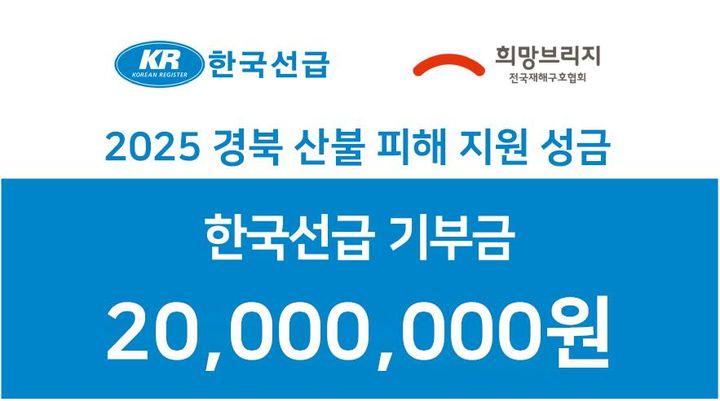 [부산=뉴시스] 한국선급은 27일 경북, 경남, 울산지역의 산불 피해 복구를 위해 총 2000만원의 성금을 희망브리지 전국재해구호협회에 전달했다. (그림=한국선급 제공) 2025.03.27. photo@newsis.com *재판매 및 DB 금지