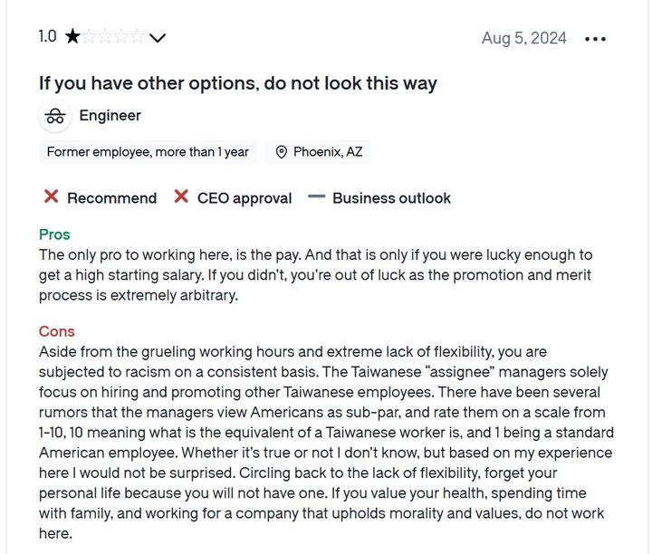 [서울=뉴시스]TSMC의 미국 직원이 미국의 대표 직장 커뮤니티 '글래스도어'에 올린 글. 고강도 근무와 경직된 직장 문화 등을 지적하고 있다. (사진=글래스도어 캡처) 2025.03.27. photo@newsis.com *재판매 및 DB 금지