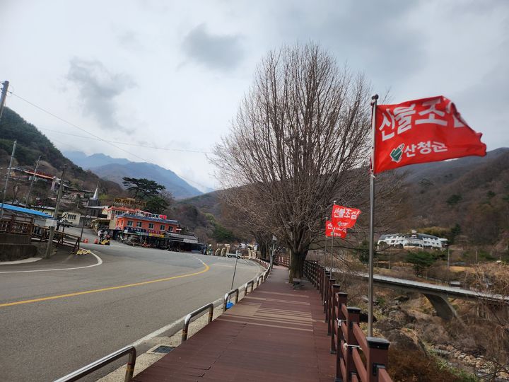 [산청=뉴시스] 서희원 기자= 경남 산청 산불이 일주일째 확산되고 있는 가운데 27일 오후 6시께 시천면 중산리 입구 주차장에 산불조심 깃발만 강풍에 흔들리고 있다. *재판매 및 DB 금지