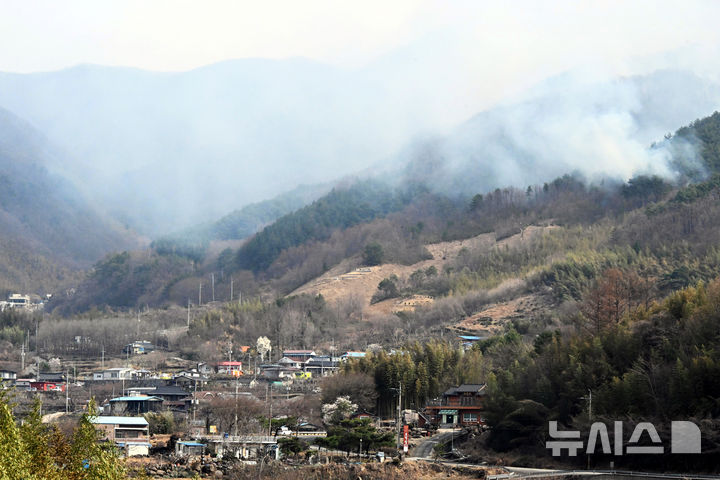 [산청=뉴시스] 차용현 기자 = 27일 오전 지리산국립공원 인근지역에서 바라본 산청군 시천면 동당마을 뒷산이 불타고 있다. 산불은 흰 연기를 내뿜으며 왼쪽으로 보이는 지리산국립공원 방향으로 옮겨 붙고 있다. 2025.03.27. con@newsis.com