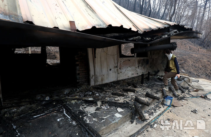 [영양=뉴시스] 이무열 기자 = 27일 경북 영양군 석보면 화매리에서 한 주민이 산불에 전소된 집을 살펴보고 있다. 2025.03.27. lmy@newsis.com