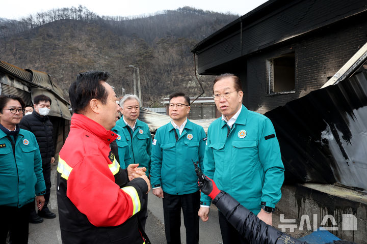 [안동=뉴시스] 김금보 기자 = 권영세 국민의힘 비상대책위원장이 28일 경북 안동시 임하면 추목리에서 산불 피해 마을을 점검하고 있다. 2025.03.28. kgb@newsis.com