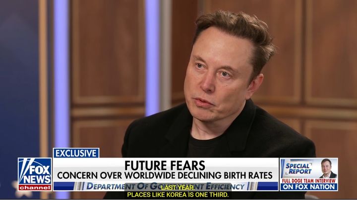 [서울=뉴시스] 일론 머스크 미국 정부효율부 수장이 한국의 저출산 상황에 우려를 표명했다. (출처=폭스뉴스) 2025.03.31. photo@newsis.com *재판매 및 DB 금지
