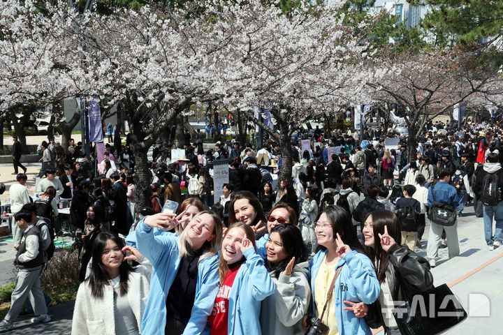 [부산=뉴시스] 부산 남구 국립부경대학교 백경광장에서 열린 벚꽃 축제 '핑크캠퍼스'에 참가한 외국인 유학생들이 활짝 핀 벚꽃을 배경으로 기념사진을 찍고 있다. (사진=뉴시스 DB). photo@newsis.com 