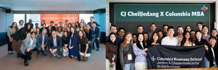 (왼쪽부터) 김동선 한화갤러리아·한화호텔앤드리조트 미래비전총괄 부사장이 스탠포드대학 학생들을 만나 기념사진을 촬영하는 모습, 이선호 CJ제일제당 식품성장추진실장이 미국 MIT와 컬럼비아대 학생들을 만나 기념 사진을 찍는 모습.(사진= 각 사 제공) *재판매 및 DB 금지