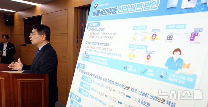 [세종=뉴시스] 강종민 기자 = 최정록 농림축산식품부 방역정책국장이 지난 1일 세종시 정부세종청사에서 동물용의약품 산업 발전 방안을 발표하고 있다. 2025.04.02. ppkjm@newsis.com