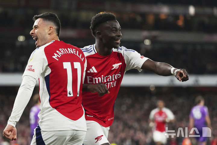 [런던=AP/뉴시스] 잉글랜드 프로축구 프리미어리그(EPL) 아스널의 부카요 사카. 2025.04.01.