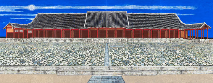 조풍류, 종묘-영녕전, 2024, 캔버스 천에 호분 먹 분채 석채, 220×560cm *재판매 및 DB 금지