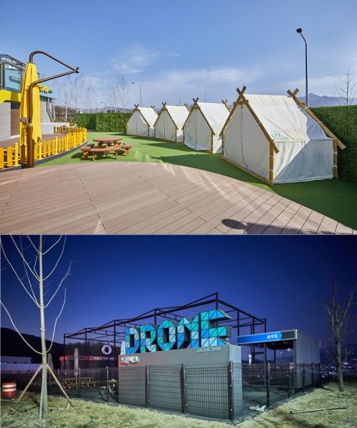 [서울=뉴시스] 남한강휴게소 야외에 위치한 글램핑존과 드론 축구 경기장의 모습. 2025.04.03. (사진=한국도로공사 제공) photo@newsis.com *재판매 및 DB 금지