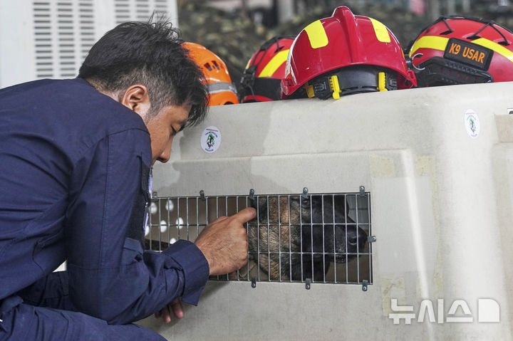 [방콕=AP/뉴시스] 2일(현지 시간) 태국 방콕에서 지진으로 붕괴한 고층 건물 건설 현장 인근에서 핸들러와 구조견이 교감을 하고 있다. 2025.04.03.