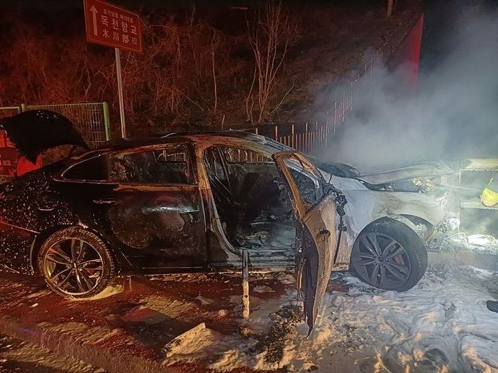 [천안=뉴시스] 지난 2일 오후 10시37분께 충남 천안시 동남구 목천읍 서흥리의 한 도로에서 차량화재가 발생해 해당 차량이 전소됐다. (사진=천안동남소방서 제공) 2025.04.03. photo@newsis.com *재판매 및 DB 금지