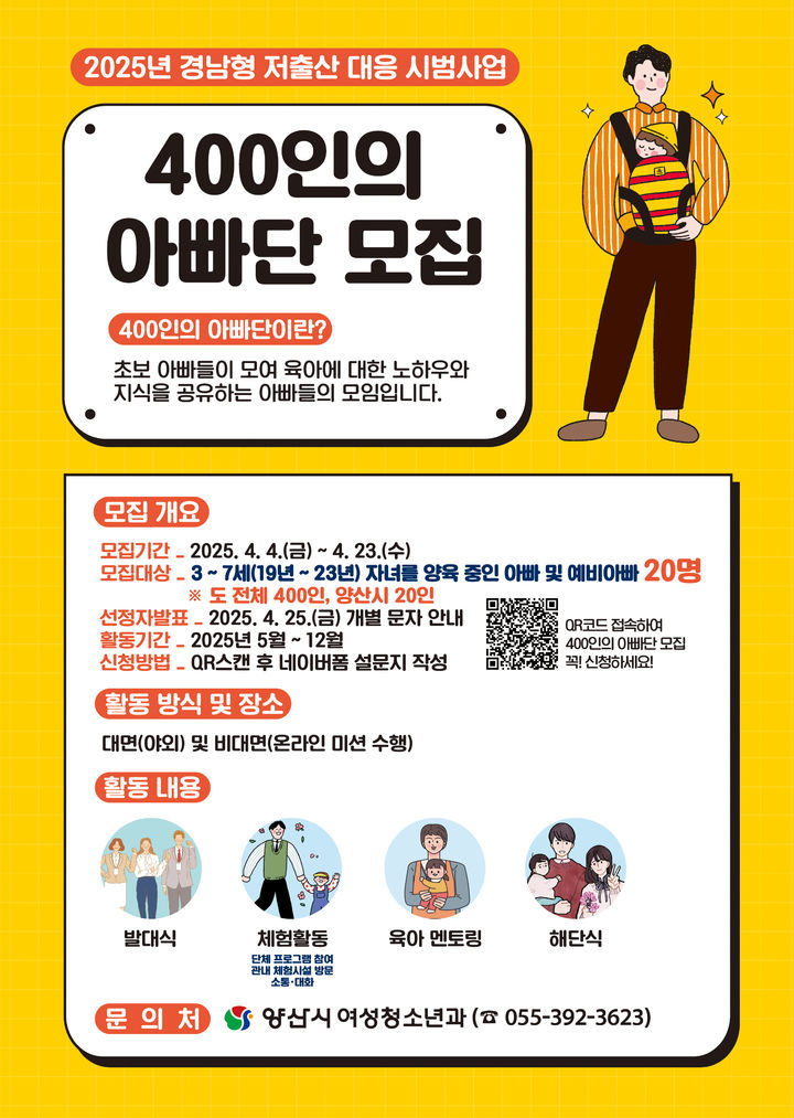 [양산=뉴시스] 400인의 아빠단 참가자 모집 포스터. (사진=양산시 제공) 2025.04.03. photo@newsis.com *재판매 및 DB 금지