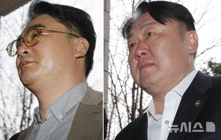 [인천=뉴시스] 김동영 기자 = 27일 오후 인천 미추홀구 인천지법에서 인천교육청의 전자칠판 보급사업에 참여한 업체의 납품을 돕고 그 대가를 챙긴 이른바 리베이트 행위를 한 혐의로 구속영장이 청구된 조현영(왼쪽부터)·신충식 인천시의원이 구속 전 피의자 심문(영장실질심사)에 출석하고 있다. 2025.03.27. dy0121@newsis.com 