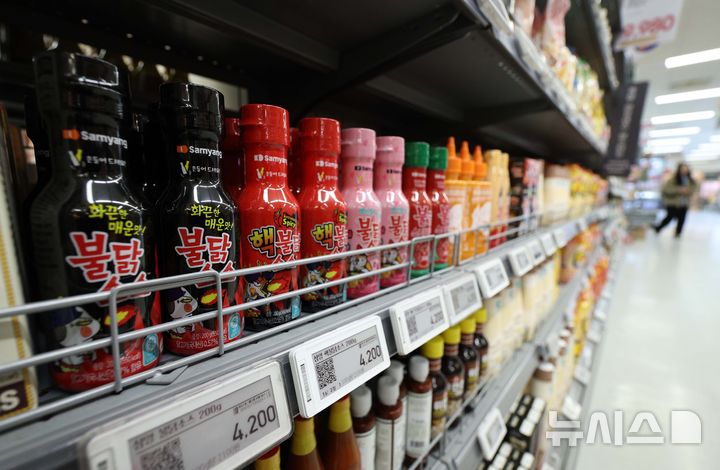 [서울=뉴시스] 고범준 기자 = 3일 서울 용산구의 한 대형마트에서 불닭 소스 등이 판매되고 있다. 농림축산식품부가 올해 1분기 농식품 수출액이 24억8000만 달러로 전년 동기 대비 9.6% 증가해 작년에 기록한 역대 1분기 최고 수출 기록을 경신했다고 밝혔다. 1억 달러 이상의 수출 실적을 보인 가공식품 중 라면이 전년 동기 대비 27.3% 증가했고, 연초류(14.5%)와 소스류(9.1%) 등의 증가율이 높았다. 라면 수출액은 3억 4400만 달러를 기록했으며, 연초류 2억 6100만 달러, 소스류 1억 100달러로 집계됐다. 2025.04.03. bjko@newsis.com