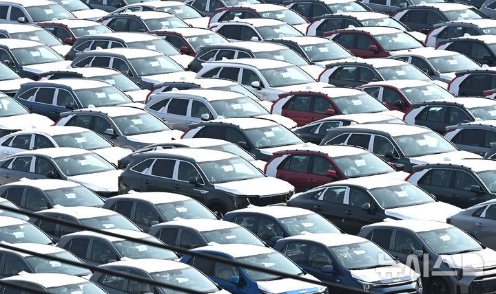 [평택=뉴시스] 김종택 기자 = 3일 경기도 평택항 자동차 전용부두에 선적을 기다리는 수출용 차량이 세워져 있다.&nbsp;&nbsp; 도널드 트럼프 대통령이 미국 이외 지역에서 생산된 자동차 및 자동차 주요 부품에 부과하기로 결정한 25% 관세가 3일(현지시간·한국시간 3일 오후) 정식 발효 됐다. 2025.04.03. jtk@newsis.com