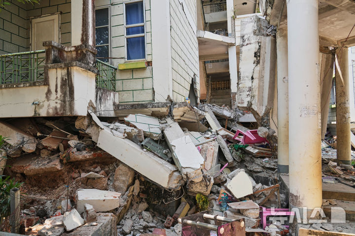 Damaged buildings are seen in the aftermath of last week's earthquake in Naypyitaw, Myanmar, Friday, April 4, 2025. (AP Photo)