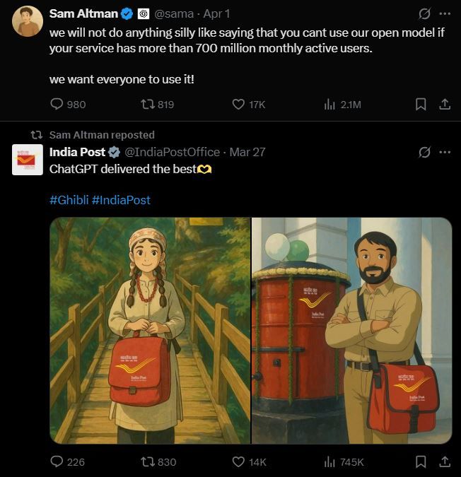 [서울=뉴시스] 인도 우체국(인디아 포스트)가 챗GPT로 제작한 지브리 스타일의 인도 우체부 모습. 샘 올트먼 오픈AI 최고경영자(CEO)가 재게시했다. (사진=샘 올트먼 오픈AI CEO 엑스 캡처) *재판매 및 DB 금지