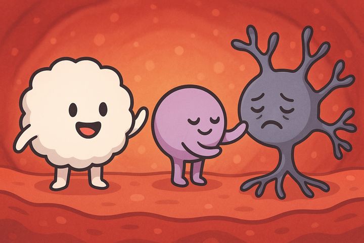 4일 학계에 따르면 미국 캘리포니아대학교 샌프란시스코(UCSF) 연구팀은 백혈구의 일종으로 알려진 '조절T세포(Tregs)'가 염증을 억제하는 것뿐 아니라, 신경세포에 직접 작용해 통증을 줄이는 역할까지 수행한다는 연구 결과를 발표했다. 사진은 조절T세포(가운데)와 백혈구(왼쪽)가 통증을 느끼는 신경세포를 진정시키는 기전을 챗GPT가 캐릭터화한 모습. (사진=챗GPT) *재판매 및 DB 금지