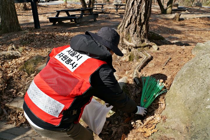 [서울=뉴시스] 산불 예방 캠페인에 시민이 참여하고 있는 모습. 2025.04.08 (사진 제공=서울시) photo@newsis.com *재판매 및 DB 금지