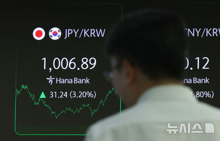 [서울=뉴시스] 황준선 기자 = 7일 오후 서울 중구 하나은행 딜링룸에 전광판에 엔화 환율이 표시돼 있다. 이날 엔화 환율은 100엔당 1000원을 넘어서며 2년 만에 가장 높은 수준을 기록했다. 2025.04.07. hwang@newsis.com