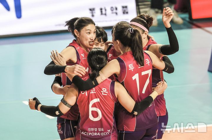 [인천=뉴시스] 정병혁 기자 = 8일 인천 부평구 삼산월드체육관에서 열린 2024-2025 V-리그 여자부 챔피언결정전(5전 3선승제) 5차전 흥국생명 핑크스파이더스와 정관장 레드스파크스의 경기, 흥국생명 선수들이 1세트를 승리하자 기뻐하고 있다. 2025.04.08. jhope@newsis.com