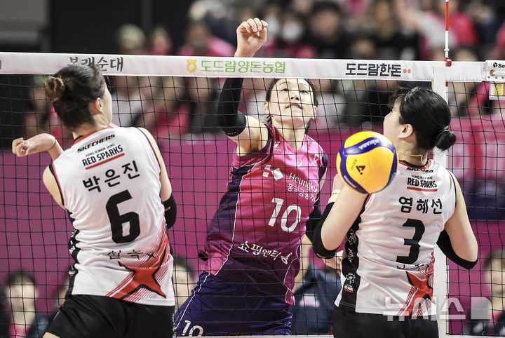 [인천=뉴시스] 정병혁 기자 = 8일 인천 부평구 삼산월드체육관에서 열린 2024-2025 V-리그 여자부 챔피언결정전(5전 3선승제) 5차전 흥국생명 핑크스파이더스와 정관장 레드스파크스의 경기, 흥국생명 김연경이 공격하고 있다. 2025.04.08. jhope@newsis.com