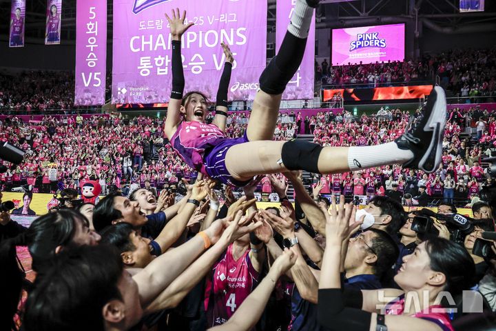 [인천=뉴시스] 정병혁 기자 = 8일 인천 부평구 삼산월드체육관에서 열린 2024-2025 V-리그 여자부 챔피언결정전(5전 3선승제) 5차전 흥국생명 핑크스파이더스와 정관장 레드스파크스의 경기에서 승리해 통합 우승을 차지한 흥국생명 김연경이 동료들로 부터 헹가래를 받고 있다. 2025.04.08. jhope@newsis.com
