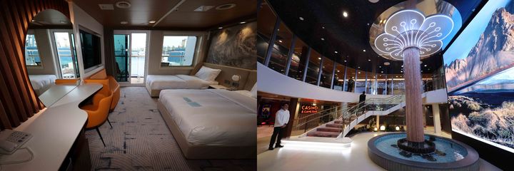 [부산=뉴시스] 팬스타 미라클호 발코니가 있는 고급 객실과 메인 로비. (사진=팬스타그룹 제공) 2025.04.09. photo@newsis.com *재판매 및 DB 금지