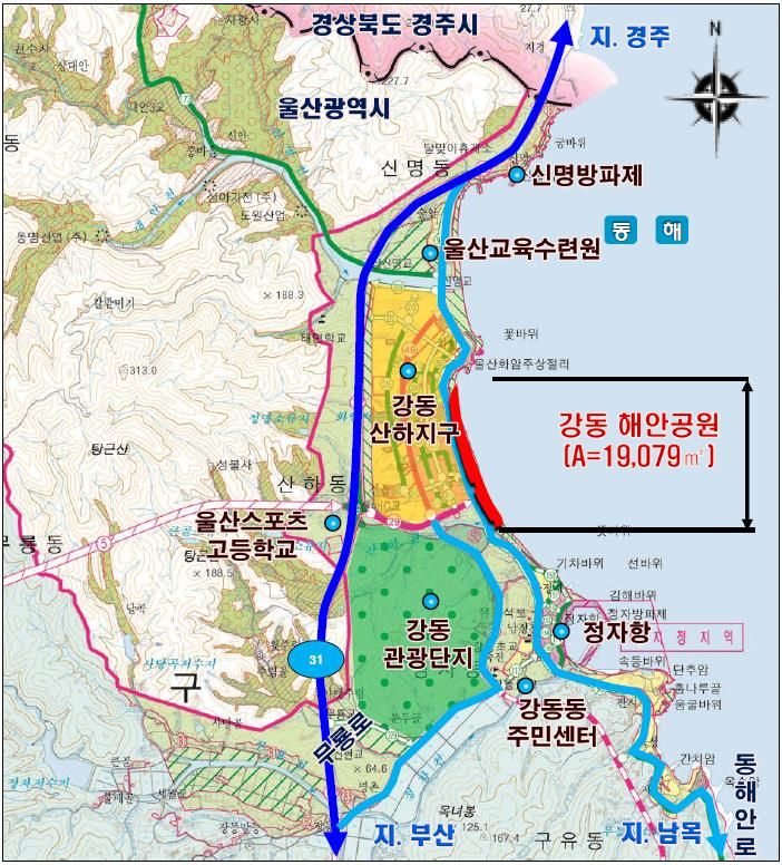 [울산=뉴시스] 울산시는 강동권 관광개발계획의 일환으로 추진 중인 ‘강동해안공원(강동해안지구) 조성사업’이 속도를 내고 있다고 10일 밝혔다. 사진은 공원 조성 위치도. (사진= 울산시 제공) 2025.04.10.photo@newsis.com *재판매 및 DB 금지