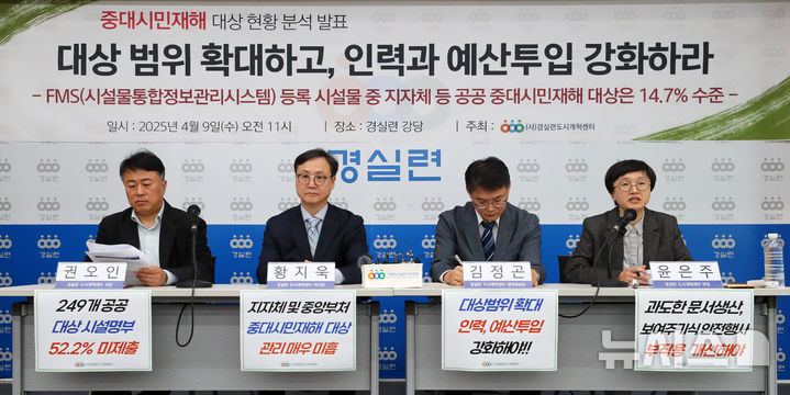 [서울=뉴시스] 김혜진 기자 = 윤은주(오른쪽 첫번째) 도시개혁센터 부장이 9일 오전 서울 종로구 경제정의실천시민연합에서 중대시민재해 대상 현황 분석발표 기자회견을 하고 있다. 2025.04.09. jini@newsis.com