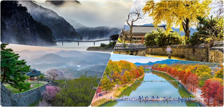 담양 여행 명소들. 윗줄 왼쪽부터 시계 방향으로 용마루길, 돌담길, 관방제림, 금성산성. (사진=담양군 제공) *재판매 및 DB 금지