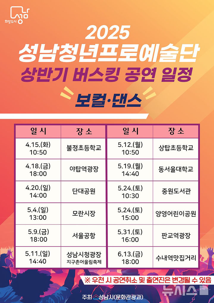 [성남=뉴시스] 성남시 청년프로예술단 거리공연 일정 안내문 (사진=성남시 제공) 2025.04.10.photo@newsis.com