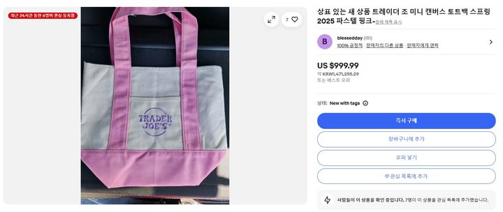 [서울=뉴시스] 이베이에 분홍색 미니 캔버스 토트백 1개가 999.99달러로 등록돼 있다 (사진=이베이 홈페이지 캡쳐) 2025.04.10. photo@newsis.com *재판매 및 DB 금지