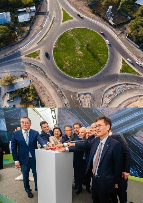 [서울=뉴시스] 알마티순환도로의 모습과 함진규 한국도로공사 사장(오른쪽 첫 번째)이 알마티 순환도로 개통식에 참여한 모습. 2025.04.11. (사진=도로공사 제공) photo@newsis.com *재판매 및 DB 금지